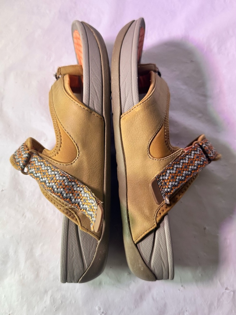 BareTraps Tan Slide Sandals with Orange Footbed and Braided Straps - Picture 5 of 8